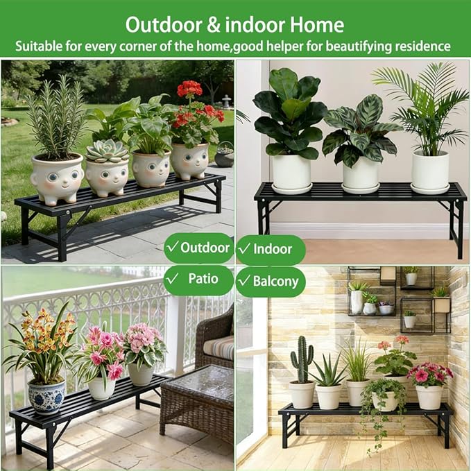 Single Tier Metal Plant Stand, Long Narrow Foldable Plant Stand for Indoor Outdoor, Heavy Duty Waterproof Plant Holder for Living Room Balcony Garden Window Patio，Plant Lovers, Display Stand (L33”xH11.7"xW9.7")