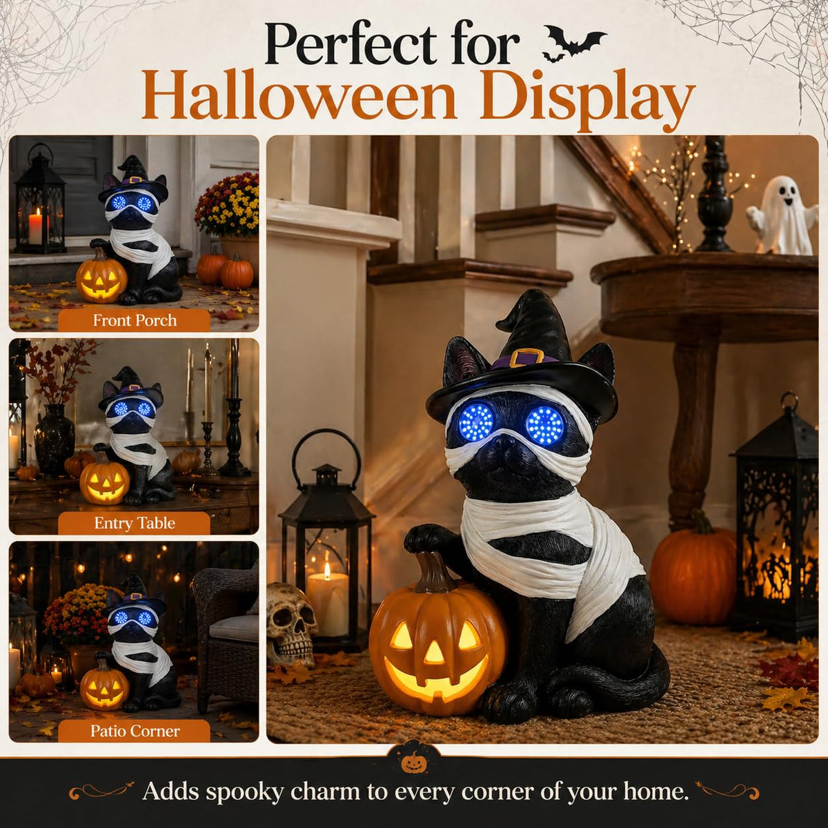 Dawbun Halloween Cat Decorations Outdoor Solar Lights Black Cat Decor for Garden Porch Yard Patio Entryway Animal for Cat Lovers Mummy Cat with Pumpkin LED Eyes Resin Statue 11.1 in