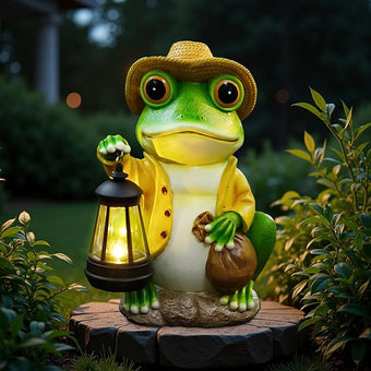 Solar Garden Outdoor Frog Statue 10 inches Tall - with Handheld Lanterns - Detachable - Patio, Balcony, Shelf, Tabletop, Lawn Decoration - Unique Housewarming, Birthday, Thanksgiving, Mom Gifts