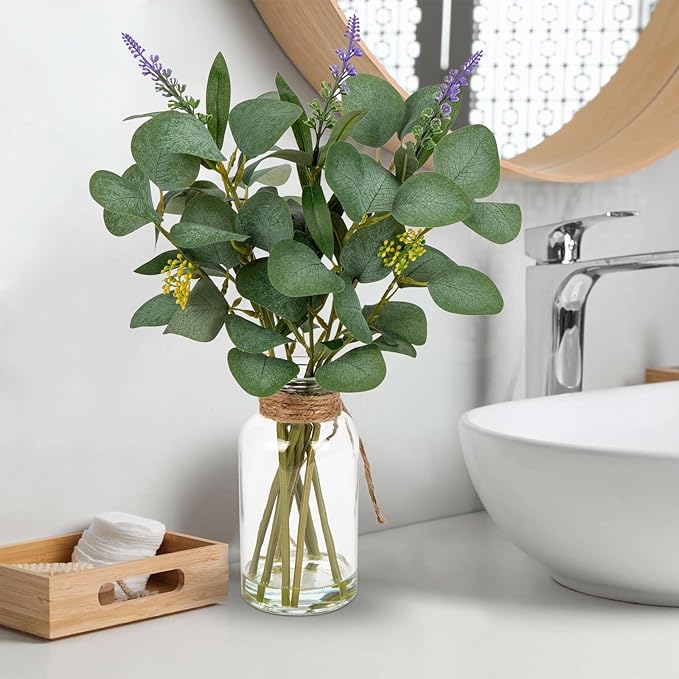 Briful Artificial Eucalyptus Stems in Glass Vase with Faux Water, 14" Fake Plant Eucalyptus with Lavender for Home Office Farmhouse Wedding Centerpiece Bathroom Décor