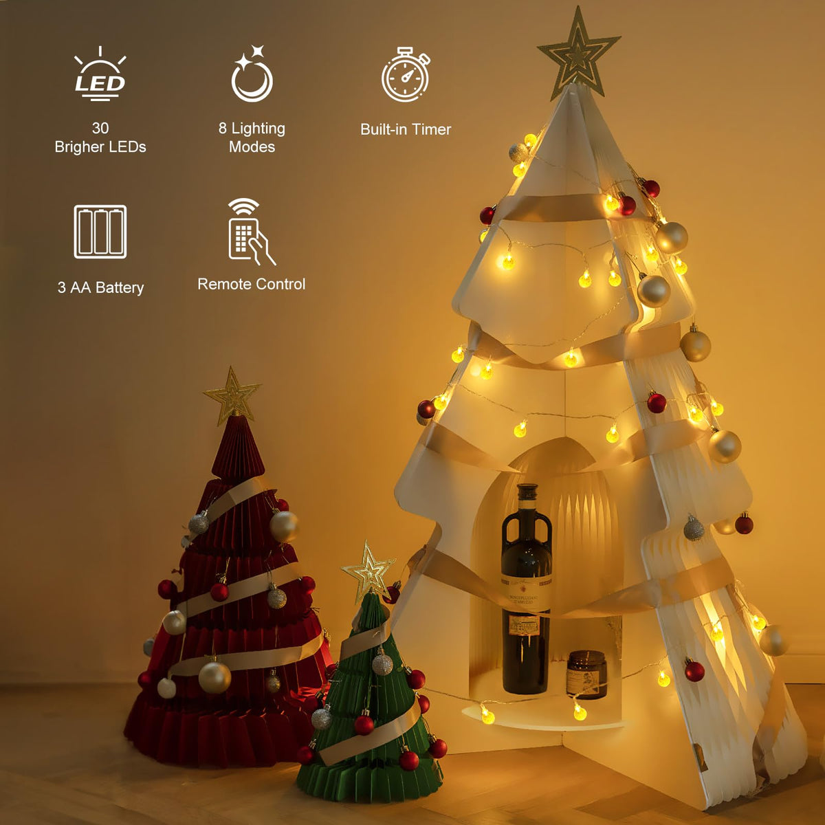 Minetom Crystal Globe String Lights Battery Operated - 17 ft 30 LED Globe Fairy String Lights with Remote, Waterproof for Indoor Bedroom Tent Loft Bed Patio Party Wedding Decor, Warm White