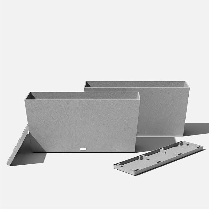 Veradek Midori Long Trough Planter (Light Grey, 39 inch - 2 Pack with 2 Saucer Trays)