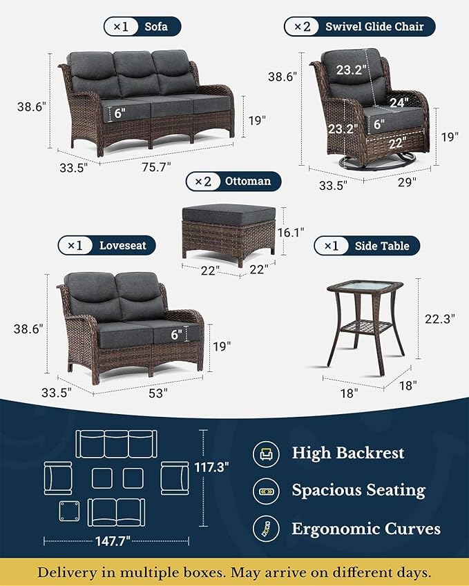 HILLGA Luxury Patio Furniture Set with 6-inch Thick Cushion, Outdoor Couch, Loveseat and High Back Swivel Rocker Patio Chairs, 7PCS Wicker Conversation Set for Deck Yard and Poolside, Dark Grey (V2)