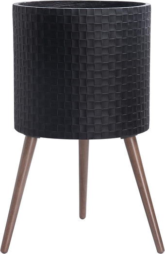 D'vine Dev 16 Inch Modern Geometric Tile Patterned Sleek Planter Pot with Stand, Indoor Outdoor Decorative Plant Holder, Matte Black, 88-Z-E-2
