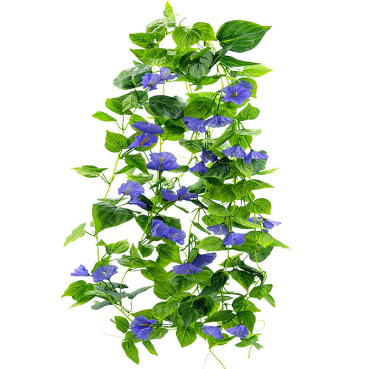Artificial Vines 15Feet Silk Flower Garland for Outdoors Morning Glory Vine Artificial Flowers Hanging Plants Garland Fake Green Plant 2Pcs Dark Blue for Wall Fence Indoor Wedding Banquet Decor