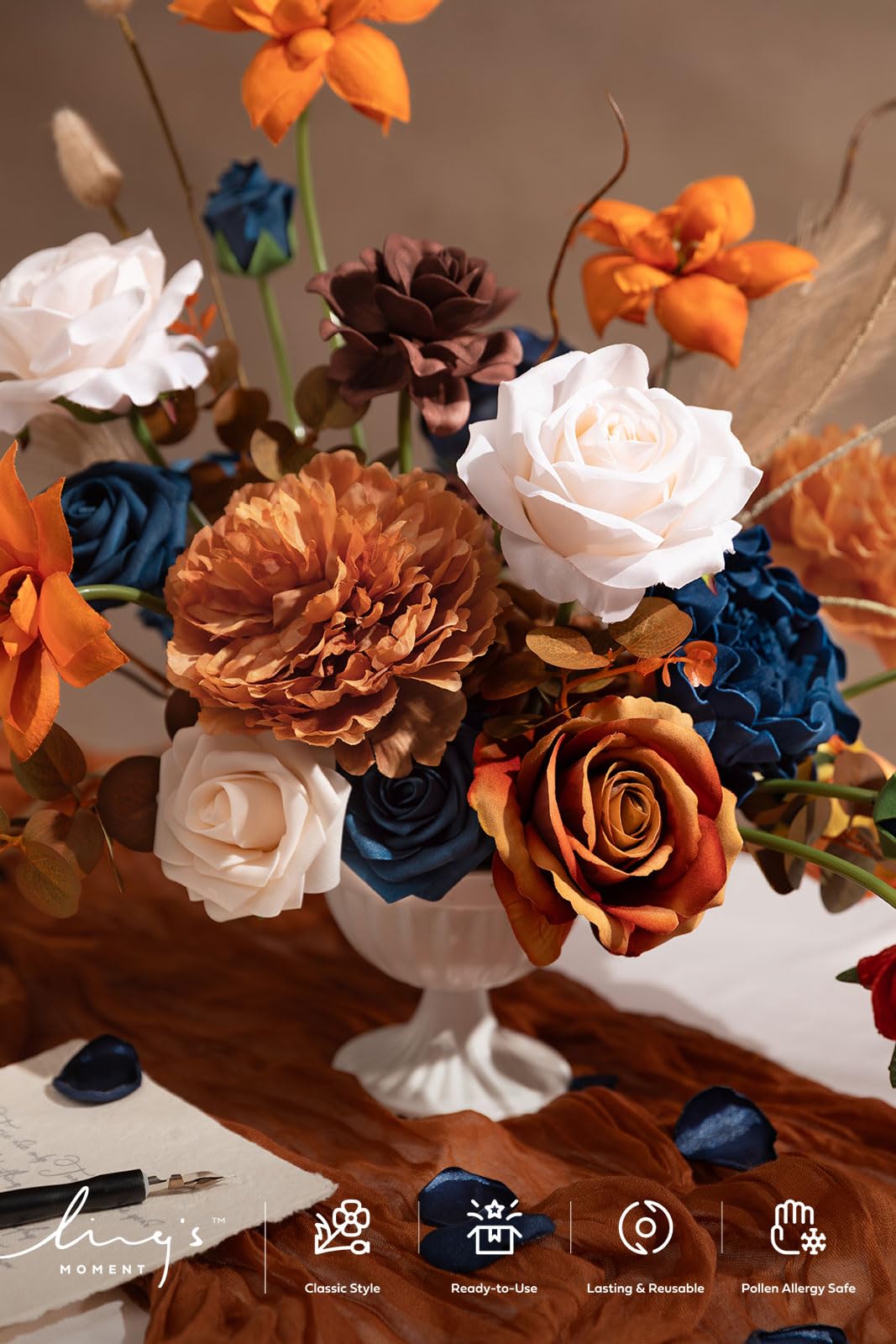 Ling's moment Fake Flowers Box, Faux Artificial Greenery Stems Foam Roses Gardenia Peony Silk Eucalyptus Pampas Fabic Flower for Centerpieces Bouquet Wedding Vase, Orange & Navy, Deluxe Combo