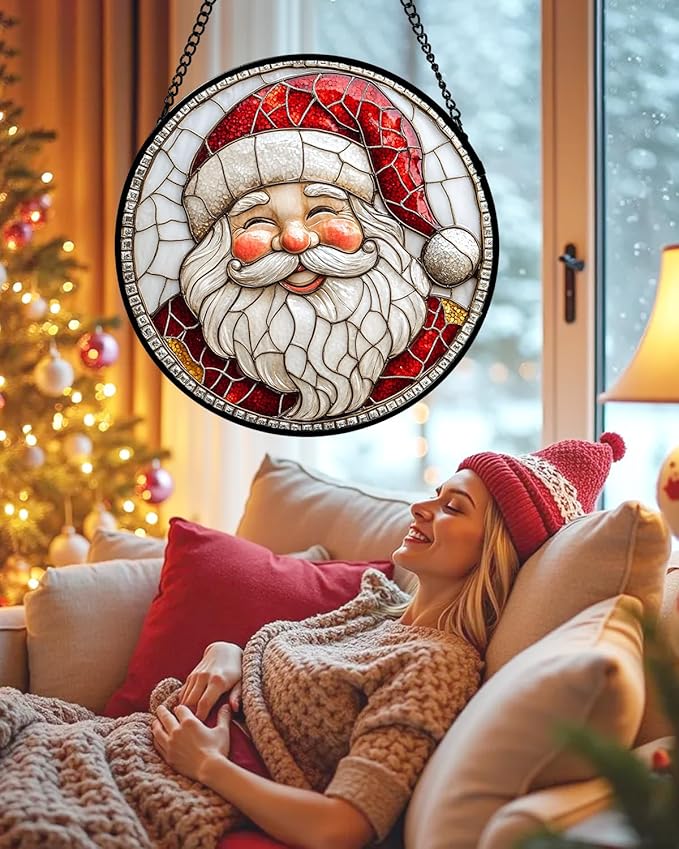 HWRHTR Stained Glass Window Hanging - Red White Santa Claus Suncatcher for Doors Home Christmas Decoration Winter Sun Catcher Thanksgiving New Year Birthday Gifts for Women Men Mom Nana Girl 11.8 in