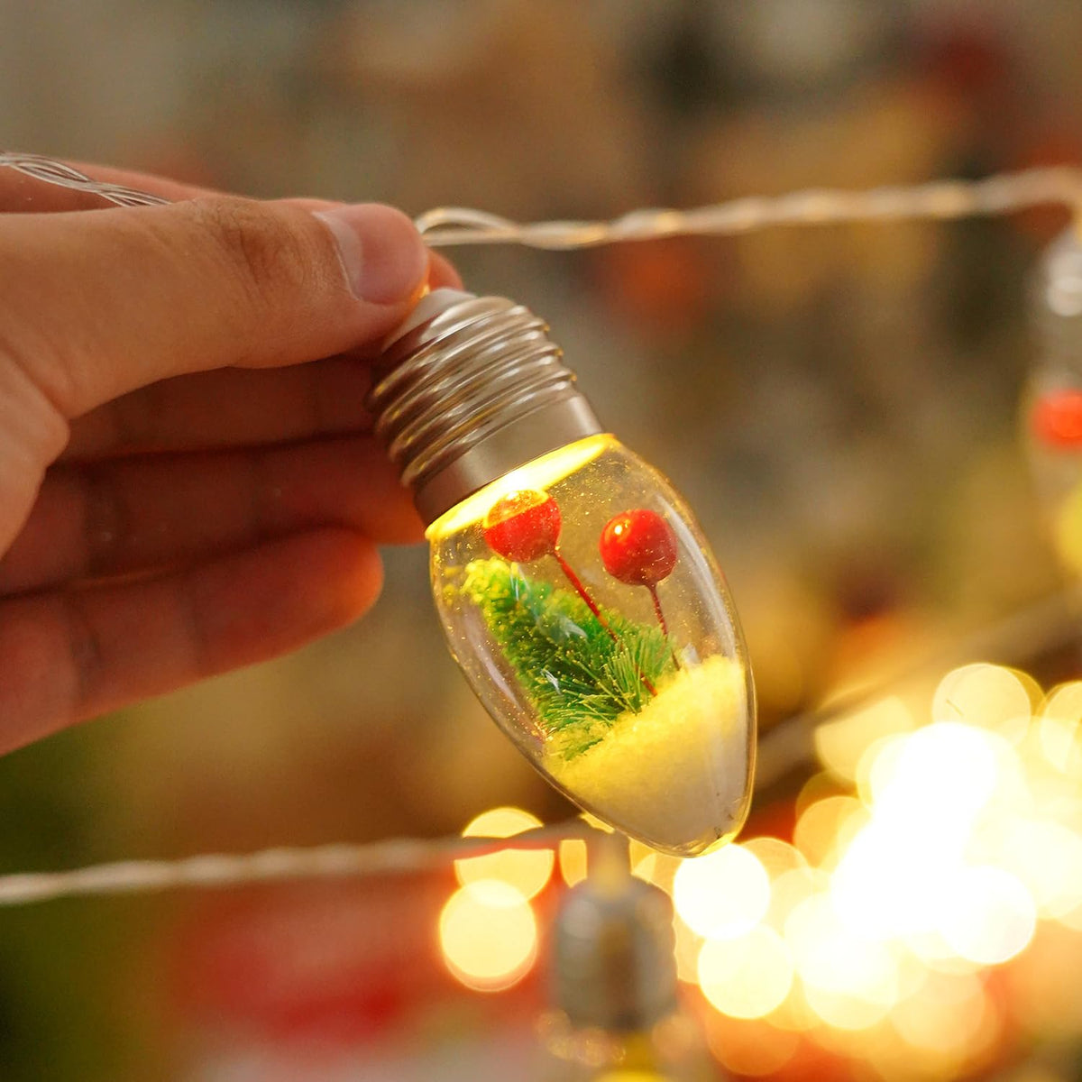 HFXXAD Christmas Snow Globe String Lights Indoor Decorations, 10 LED Clear Bulbs String Lights with Christmas Tree & Berry for Home Bedroom Fireplace Xmas Lights(6.6FT)