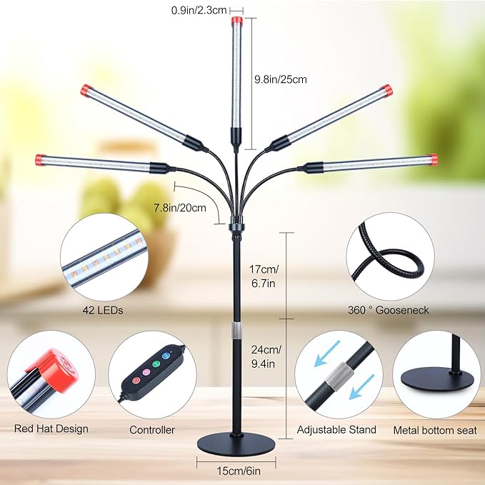5-Head Table Top Grow Lights for Indoor Plants, Seed Starting, Bonsai with Timer, 45W Power Home Plug, FECiDA 2025 Full Spectrum Plant Growing Lamps, 16"-24" Height Adjustable