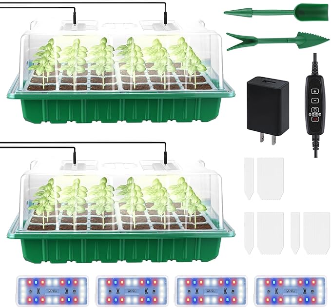 2 Packs Large Seed Starter Tray, Adjustable Brightness and Timer with 48 Full Spectrum LEDs, Seed Starter Kit with Drainage Holes, Tools and Labels for Indoor Plant Growing and Outdoor Gardening