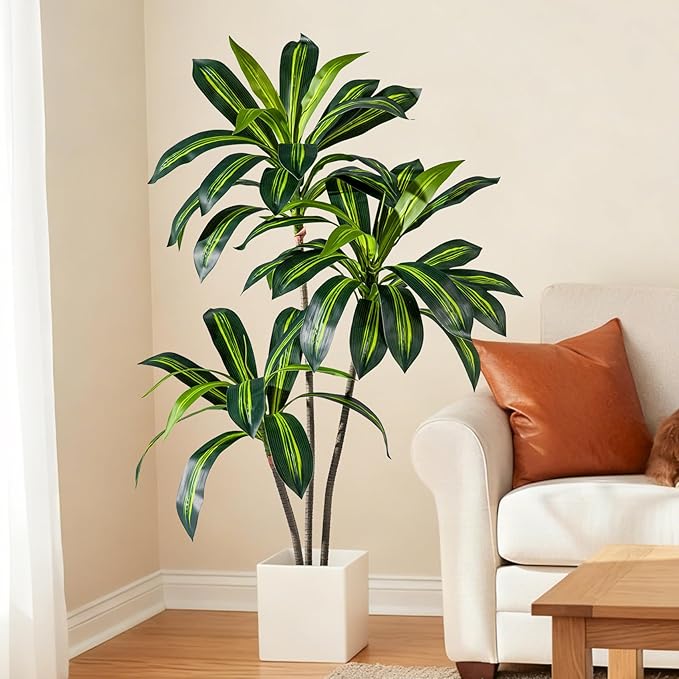 Artificial Dracaena Plant 4FT - Realistic Fake Dracaena Tree Tall Large Faux Silk Plants Fake Floor Potted Artificial Plants for Home Decor, Office Plants