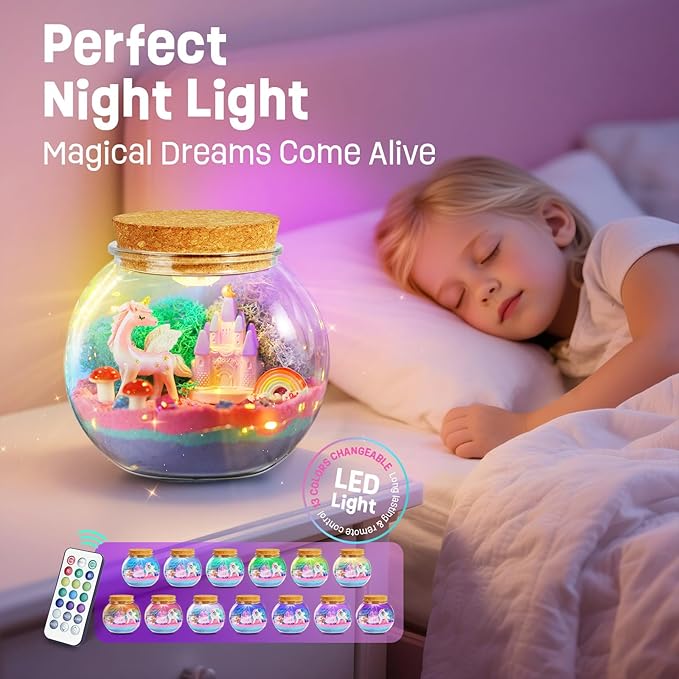 LAOESE Unicorn Gifts for Girls - Light Up Terrarium Kit for Kids - DIY Unicorn Toys for Girls Age 4 5 6 7 8-12 Year Old, Arts and Crafts Kit for Kids, Christmas Halloween Birthday Gifts