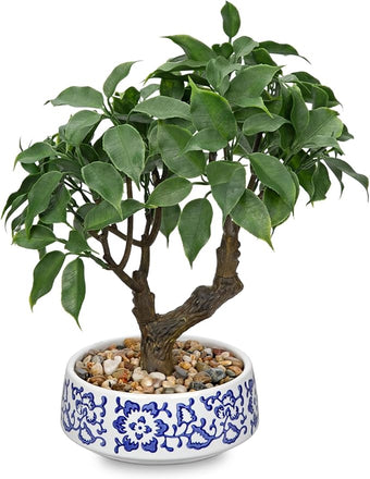 Artificial Bonsai Tree, Small Ficus Bonsai Trees 13" Indoor Bonsais Tree Fake Potted Plant Decorative Fake Desk Plant Decor with Ceramic Pot for Home Office Living Room Bedroom Bathroom Table Shelf