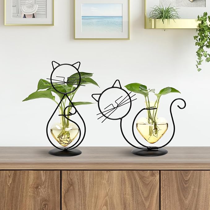 Plant Terrarium Plants Propagation Station Cat Lover Gifts for Women Home Office Decor Cat Desk Accessories