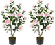 Goplus 36’’ Artificial Camellia Tree, 2 Pack Flower Plants Artificial Tree, Faux Floral Plant Blooming Tree in Nursery Pot, Greenery Potted Plant for Indoor Office Home Porch Decor, Pink
