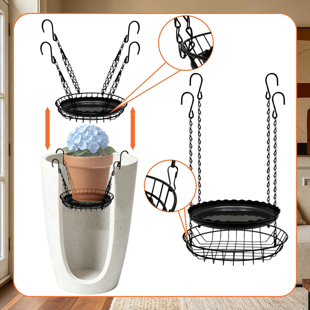 HeQiD 2 Set Adjustable Planter Inserts for Large Pots, Plant Risers for Inside Pots, Adjustable Plant Stand Indoor Outdoor, Stainless Steel Planter Insert with 8 Chains for Large Pots Tall Planters