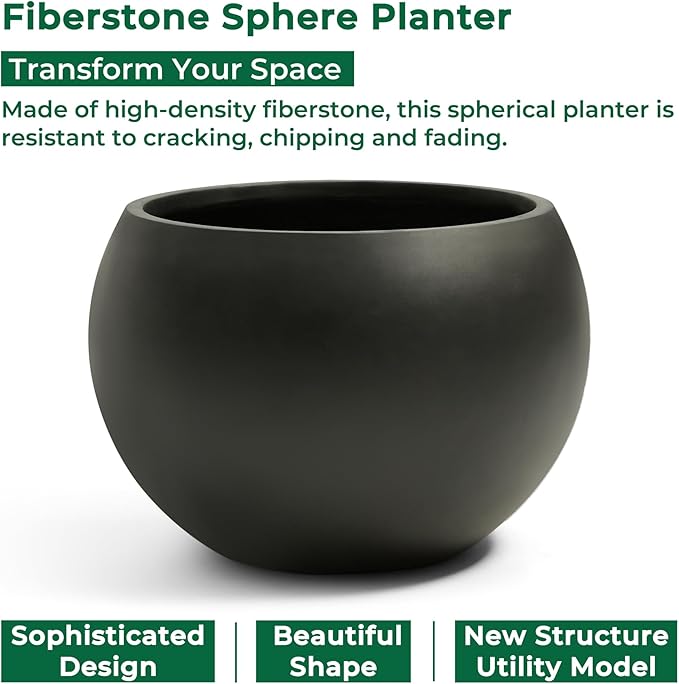 FloraFairy Fiberstone Sphere Planter, Black 15.8" Dia Round Flower Pot with Drainage Hole and Removable Plug, Round Plant Pot for Indoor Outdoor Use, 11.8" Opening-10.9" H, Medium