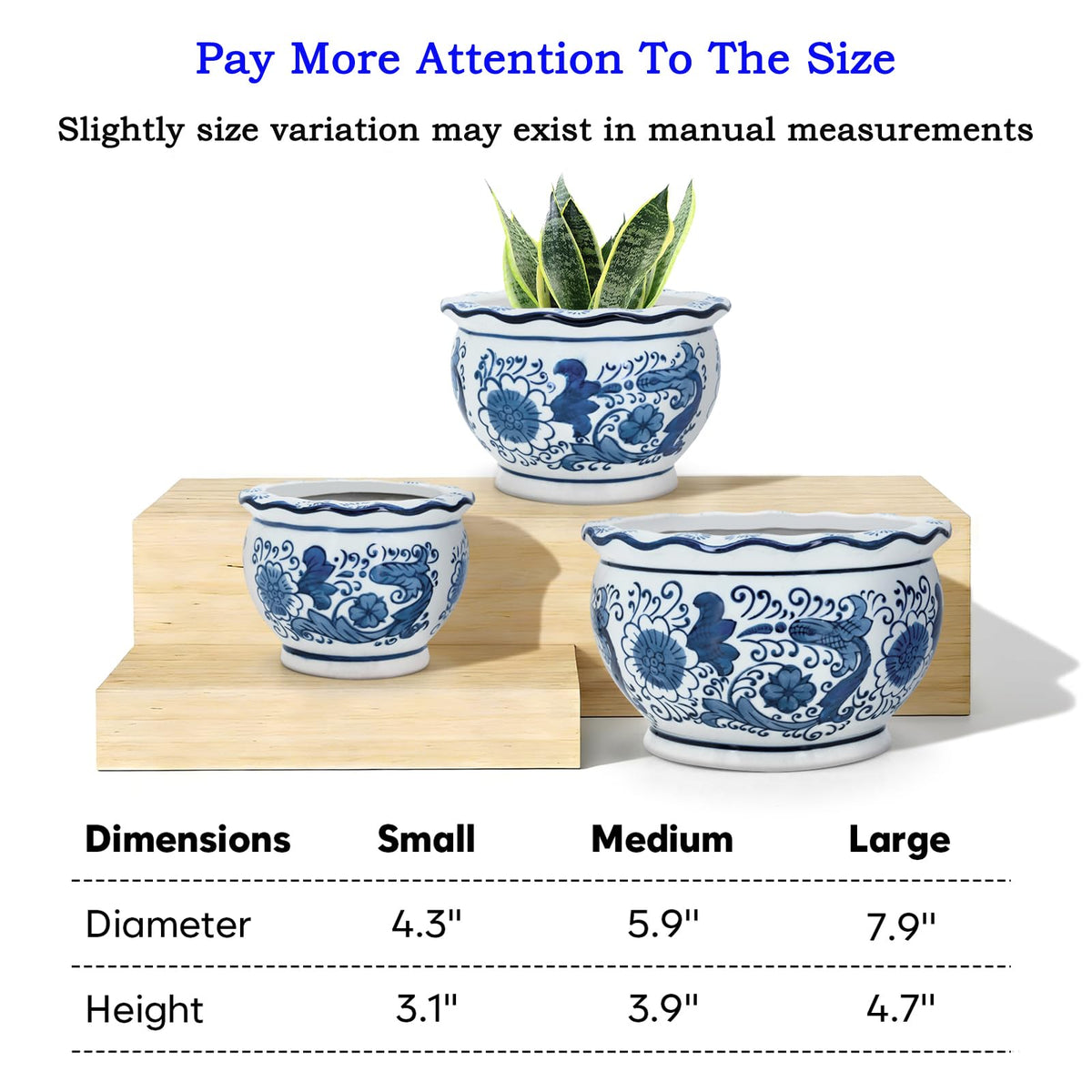 Blue and White Planters, Ceramic Plant Pots Indoor with Drainage, Set of 3
