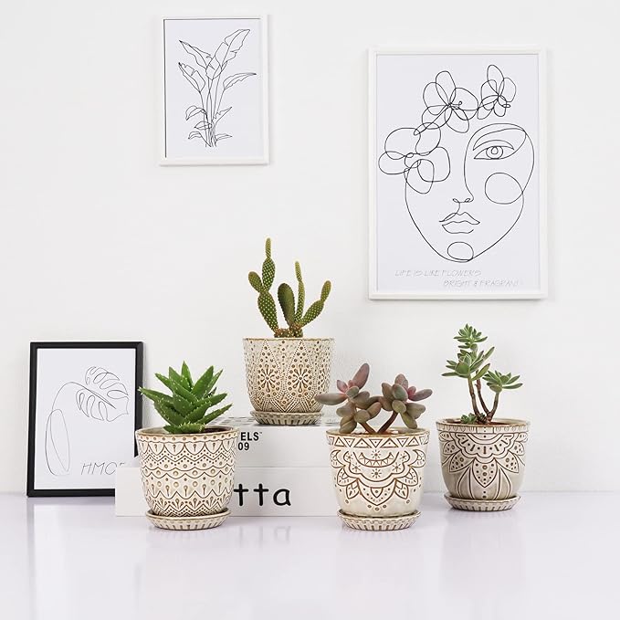 Gepege Succulent Pots, 4 Inch Small Indoor Ceramic Planter Pot with Drainage Holes and Saucers for Plants- Creamy White - Set of 4