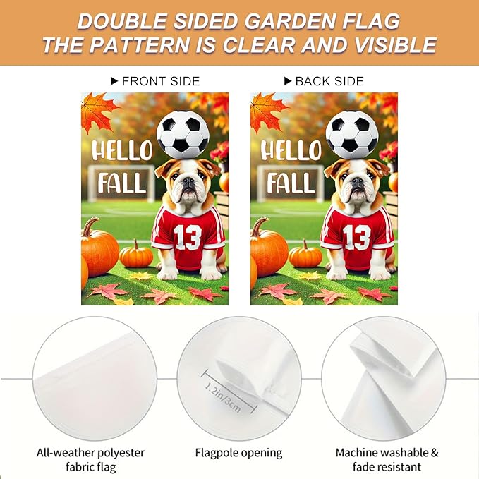 Hello Fall Garden Flag Bulldog Soccer Ball Pumpkins Autumn Leaves Outdoor Decor Flag 12x18 Inch Double Sided Garden Flag For Front Porch Lawn Patio Seasonal Home Decoration For Outside