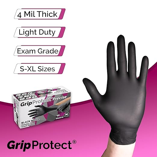 GripProtect® Precise Black Nitrile Gloves, Exam, 4 Mil, Food, Home, Cleaning, Medical/Dental, Tattoo (X-Large, 1,000)