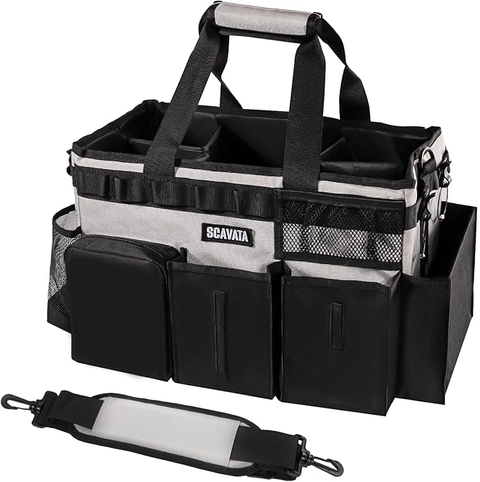 Wearable Cleaning Caddy Bag, Cleaning Caddy Supplies Organizer with Handle & Shoulder Straps for Housekeepers, Under Sink & Car Cleaning Tool Organizers with 4 Foldable Divider (Grey)