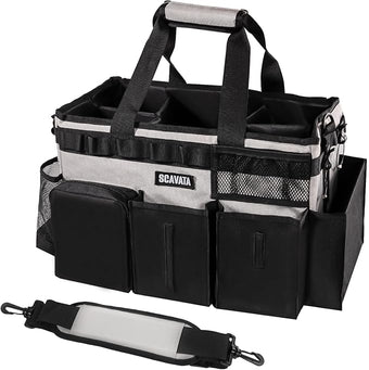 Wearable Cleaning Caddy Bag, Cleaning Caddy Supplies Organizer with Handle & Shoulder Straps for Housekeepers, Under Sink & Car Cleaning Tool Organizers with 4 Foldable Divider (Grey)