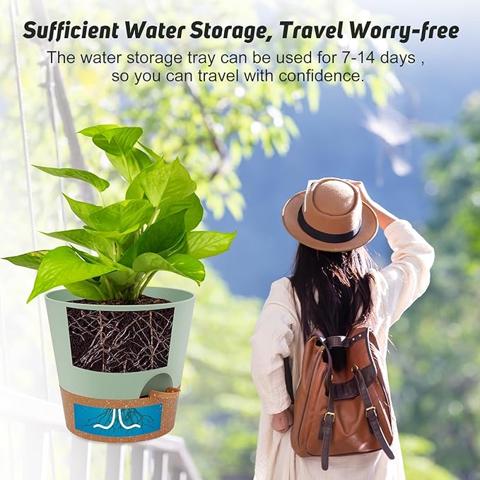 10-Inch Plant Pots, Self-Watering Planters with Drainage Holes & Saucers for Indoor and Outdoor Plants (2-Pack, Green)