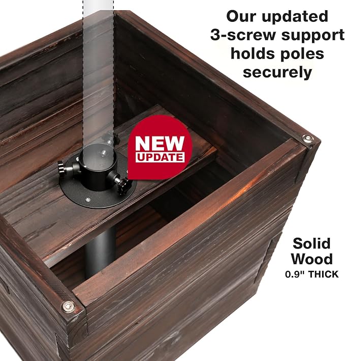 Large Decorative Wooden Planter w/ Universal Pole Support for String Light Poles, Umbrellas, Bird Feeders. Solid Wood Outdoor Garden Patio Box For Plants(Does not include Pole), 14"x14"x14", Brown