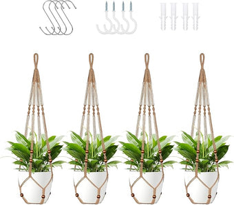 LEWESU Jute Macrame Plant Hanger Indoor Set of 4 Hanging Planter Basket Flower Pot Holder with Decorative Wood Beads & No Tassels for Indoor Outdoor Boho Home Decor, 35 Inch Brown (Pots Not Included)