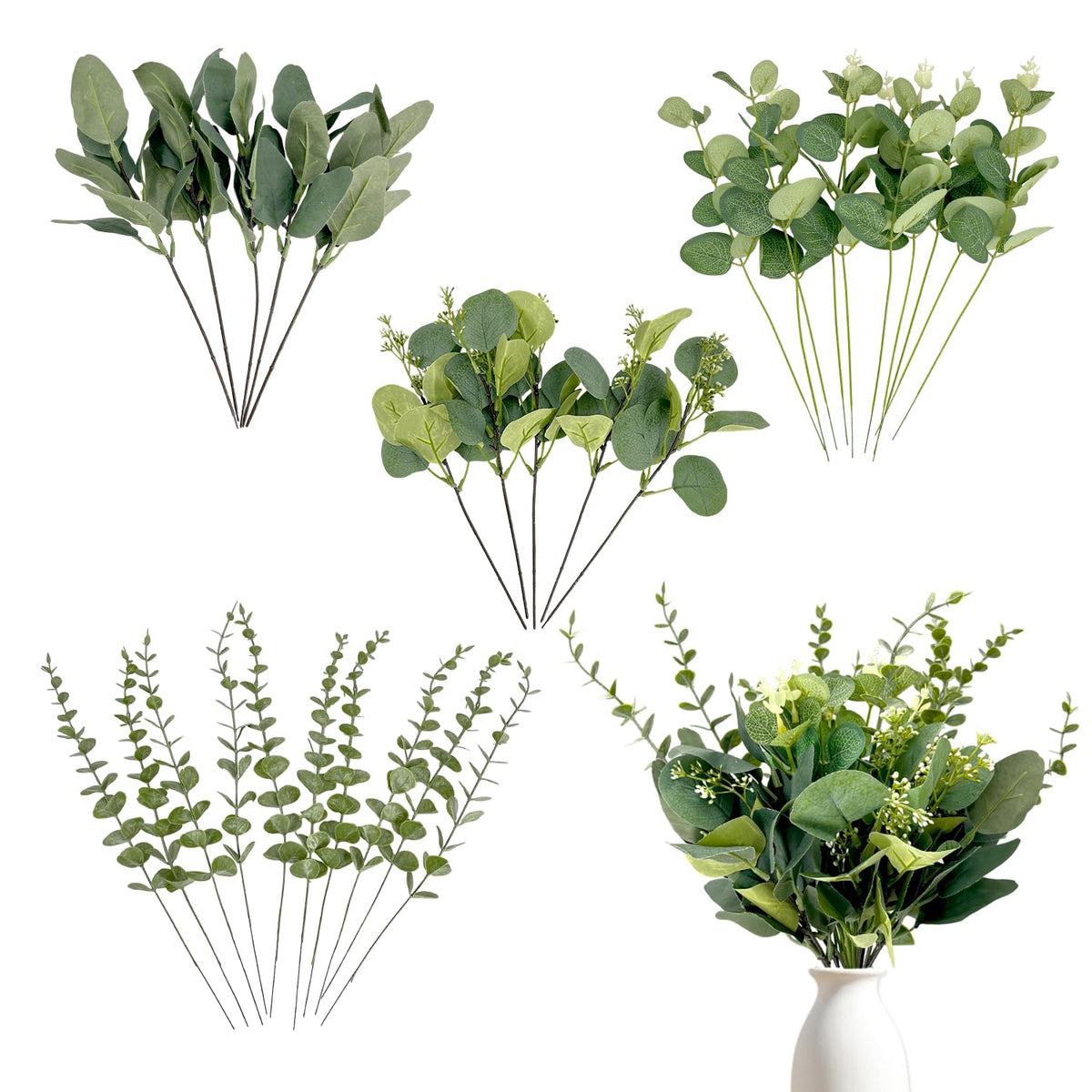 Holyenten 30 Pcs Eucalyptus Stems Bulk, 4 Kinds Mixed Artificial Silver Dollar Eucalyptus Greenery Branches for Wedding Centerpieces, Floral Arrangements, Vase Bouquet Home Decor
