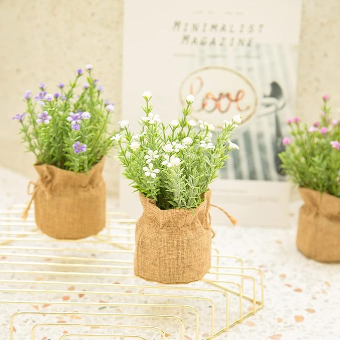 Velener Babys Breath Artificial Flowers in Small Burlap Bag Vases 3Pcs -Gypsophila Faux Flowers Farmhouse Home Coffee Table Bookshelf Office Desk Decorations Kitchen Dining Room Fake Plants Indoor