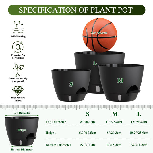 KUGAZ Self Watering Pots with Drainage Holes, 3 Pack 12/10/8 Inch Plant Pots with Water Level Indicator Deep Reservoir, Large Plastic Planter for Indoor Outdoor Plants - Black