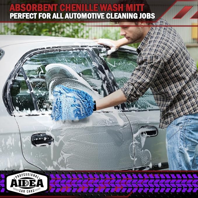 AIDEA Car Wash Mitt Microfiber 2PK, Scratch-Free& Lint-Free, Premium Chenille Microfiber Wash Mitt-Blue Extra Large Size (8''X12'')