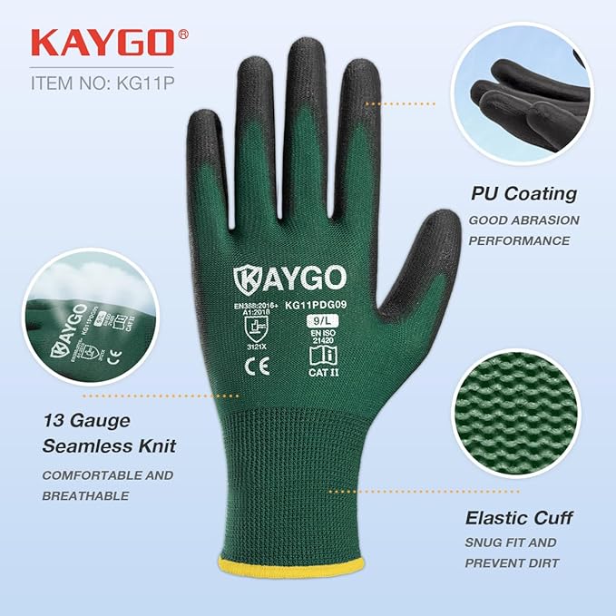 KAYGO Safety Work Gloves PU Coated,12 Pairs KG11PB Seamless Knit Glove for Men and Women, with Smooth Grip on Palm and Fingers, Ideal for General Duty Work (X-Large,Dark Green)