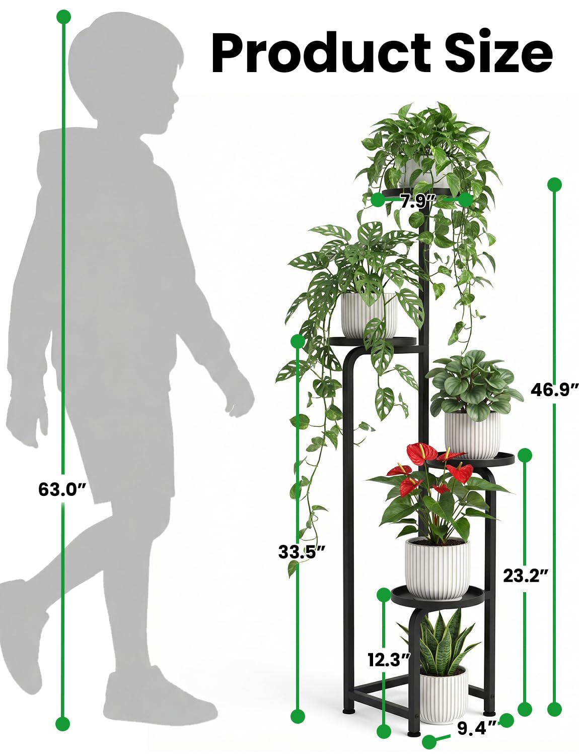 TOSKING Tall 4-Tier Square Metal Plant Stand Outdoor, Drainage Trays, Black