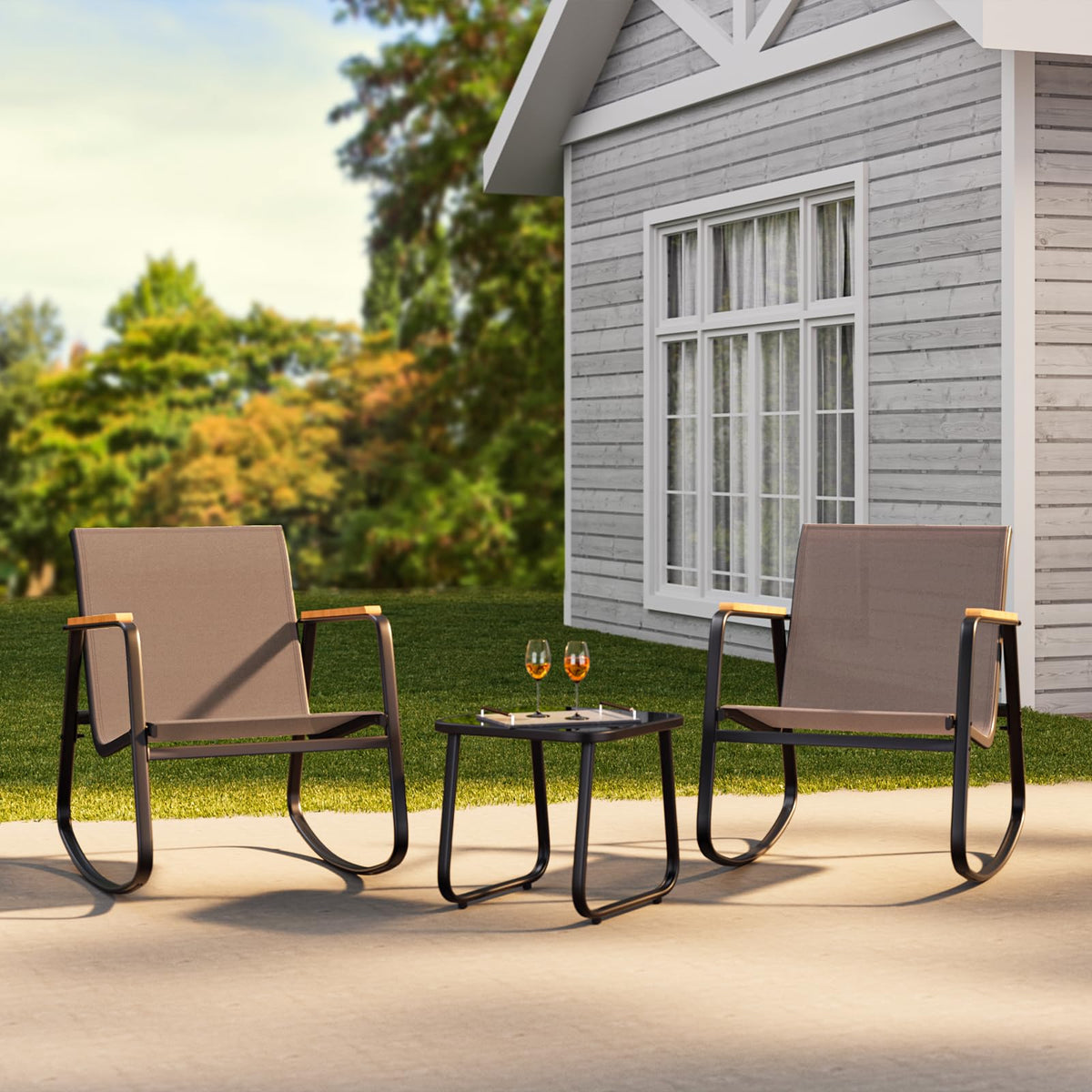 Ahomly 3-Piece Outdoor Rocking Bistro Set, Patio Furniture Set, Tan