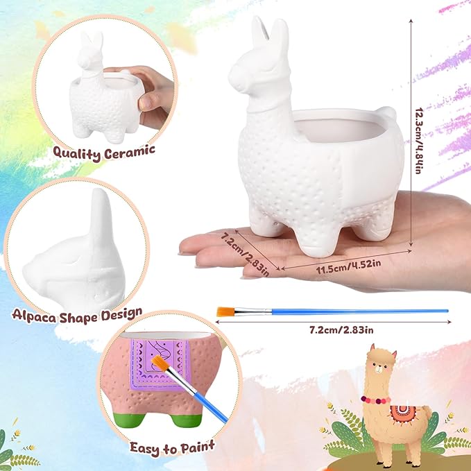 Pasimy 6 Set Ceramics to Paint DIY Ceramic Succulent Planter Pots Paint Your Own Flower Pots Craft Kit Unpainted Bisque Flowerpot with Brush Palette for Family Activity Holiday Gifts(Alpaca)