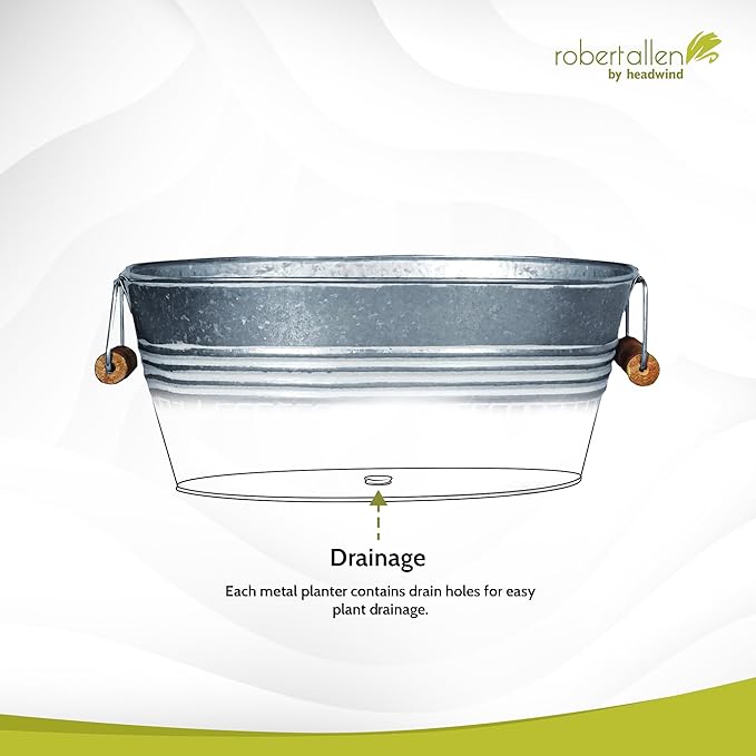 Headwind Vintage Collection 14-Inch White Wash Oval Galvanized Tub with Handles – Metal Wash Basin Planter - Galvanized Metal Tub for Indoor & Outdoor Use by Robert Allen