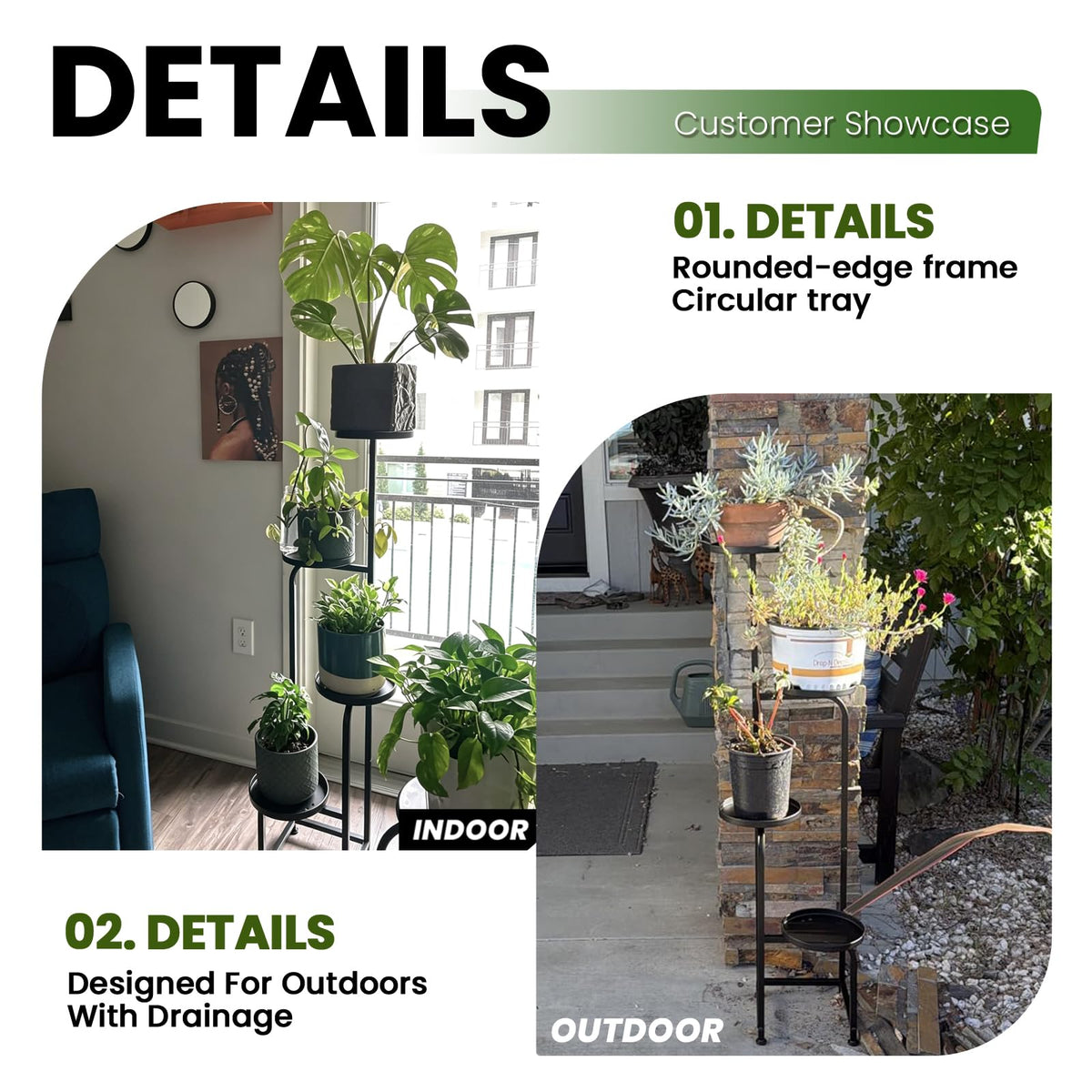 TOSKING Tall 4-Tier Square Metal Plant Stand Outdoor, Drainage Trays, Black