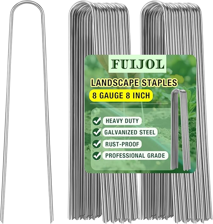 8 Gauge Landscape Staples, FUIJOL 8 Inch 15 25 50 100 Pack Heavy Duty U-Shaped Landscape Stakes, Galvanized Garden Staples for Weed Barrier Stakes, Ground Cover, Irrigation Tubing, Fence (25, 8 Inch)