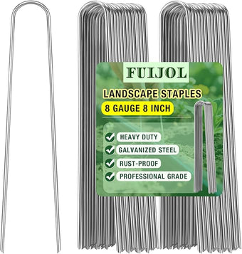 8 Gauge Landscape Staples, FUIJOL 8 Inch 15 25 50 100 Pack Heavy Duty U-Shaped Landscape Stakes, Galvanized Garden Staples for Weed Barrier Stakes, Ground Cover, Irrigation Tubing, Fence (25, 8 Inch)