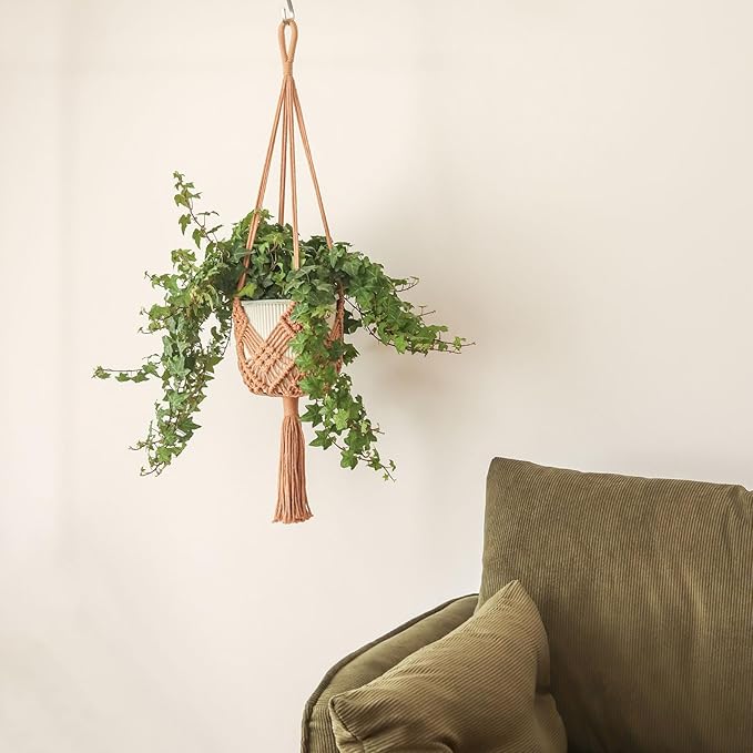 Hanging Planter with Patterns,2Packs Macrame Plant Hangers Indoor Macrame for up to 8 inch Pot Crochet Boho Plant Hanger Holder for Indoor Outdoor with 2S Shaped Stainless Steel Hooks (Caramel)