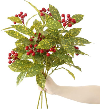 3 Pcs Artificial Greenery Plants, 18" Faux Christmas Red Berry Plants Stems for Vase Fake Leaves Branches Indoor for Table Fireplace Cabinet Livingroom Kitchen Festivals Home Decor (Yellow Green)