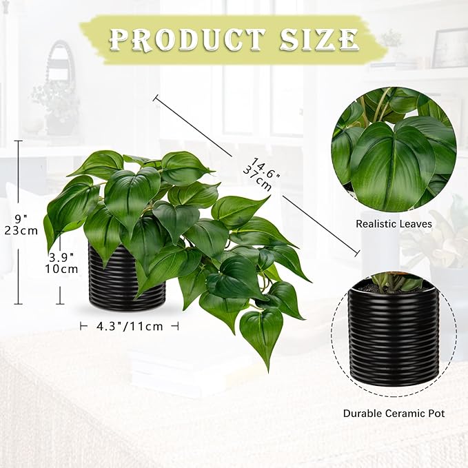 Hollyone Artificial Plants Potted Fake Plants in Black Ceramic Pot Faux Pothos Plants Indoor for Home Living Room Shelf Office Aesthetic Decor