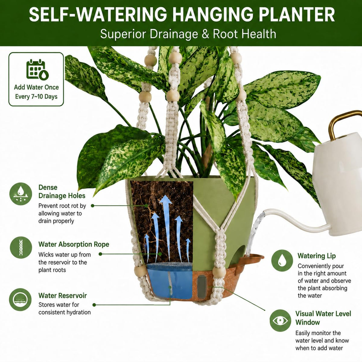 Bouqlife 3 Pack Hanging Planters for Indoor Plants Macrame Plant Hangers with Self Watering Flower Pots, 3 Different Size (Sage Green, Medium)