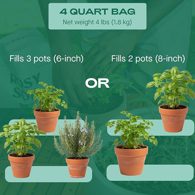 Rosy Soil Herb Mix - Organic Potting Mix for Herbs - Enriched with Biochar, Worm Castings for Root Development, Nutrient Uptake, and Strong Flavor - Fast Draining, Peat Free, Less Prone to Gnats - 4qt