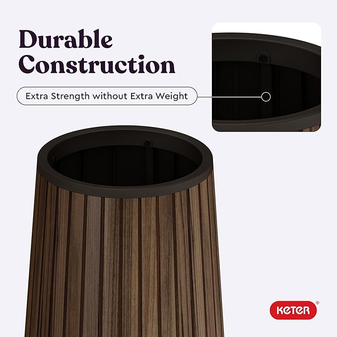 Keter Signature Conic 28.5 Inch Tall Round Large Wood Look Planter for Indoor or Outdoor Flower Pot Ideal for Patio Deck and Front Porch Decor, Rosewood