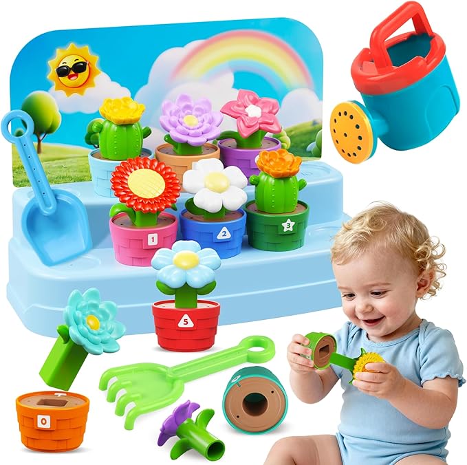 Montessori Toys Flower Garden Toy Set with Watering Can, Shovel, Rake, Color & Shape Sorter Toy, Educational Activity Preschool Learning Toys, Gift for Baby Toddler Girls 1 2 3 4 Year Old 10 PCS