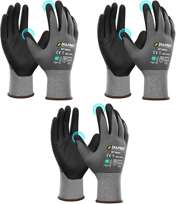 DULFINE Safety Work Gloves MicroFoam Nitrile Coated-3 Pairs Pack,Seamless Knit Nylon Glove with Black Micro-Foam Nitrile Grip,Ideal for General Purpose,Automotive,Home Improvement,Painting(Medium)